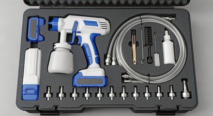 Cordless paint sprayer kit with cleaning set and spare nozzles arranged in a foam case for professional use
