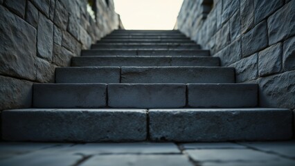 Layered grayscale stone steps ascend into the distance, fading into a bright, undefined space. The perspective creates a sense of depth and implied forward movement.
