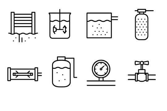 Water Treatment Icons. Clean Water Process Set linear set: intake screen, coagulation jar, sediment chamber, carbon filter, disinfection lamp, treated water tank, pressure meter,