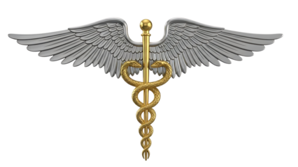 Golden caduceus symbol with metallic wings and twin serpents intertwined, cutout, PNG isolated on white or transparent background