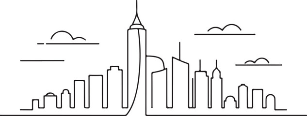Continuous Line Skyline with Curved Forward Leaning Towers Minimal Artistic Illustration