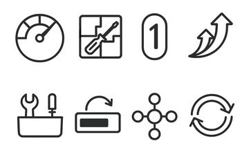 Lifecycle Extension Icons. Lifecycle extension concepts linear set: durability gauge, modular repair tile, longevity marker, upgrade path arrow, maintenance kit icon, renewal cycle
