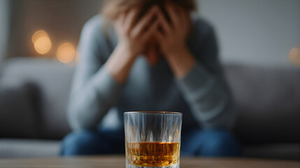 Woman sitting and holding her head, with a glass of whiskey on the table. Concept of alcohol addiction or hangover on a weekend.