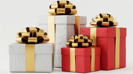 Arrangement of festive red and white gift boxes with shiny gold bows
