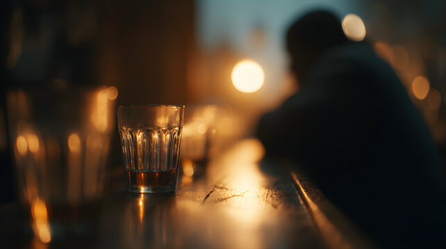 Glass with alcohol on bar counter with blurry man in background. Concept of alcoholism, addiction, and loneliness.