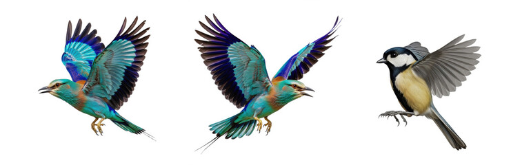 European Roller (Coracias garrulus) and Great Tit (Parus major) flight sequence, isolated on white. © Sameenaty