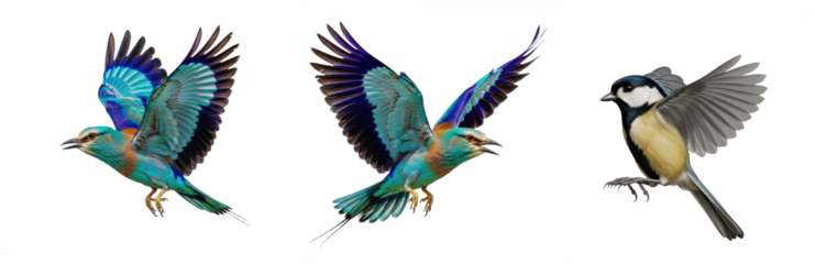 European Roller (Coracias garrulus) and Great Tit (Parus major) flight sequence, isolated on white.