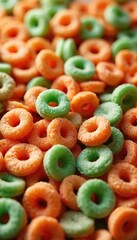 Close view of colorful orange and green cereal rings piled high. These sweet crunchy breakfast loops are made from corn grain. They are a healthy snack for kids.