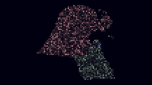 Kuwait animated country shape. Pulsating colored dots on the map of the country. Small size square blocks. Digital style Kuwait map on dark background. Trending animation video.