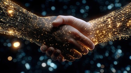 Smart Contracts Solar Wind Digital Connection Concept with Hands Shaking in Sparkling Lights