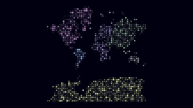 World animation. Shape of the world with pulsating colored dots. Small size rounded square blocks. Digital style map on dark background. Simple video.