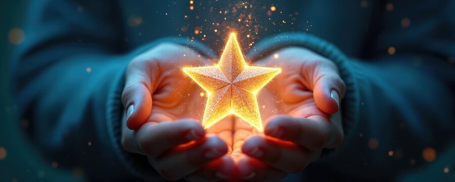 Hands hold glowing golden star with sparkling dust particles. Symbol of success achievement or award. Bright light from star illuminates palms.