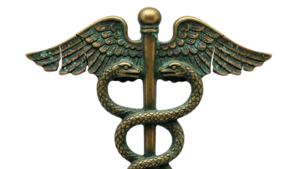Classical caduceus symbol with bronze wings and intertwined snakes on a staff, cutout, PNG isolated on white or transparent background