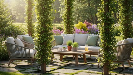 Serene Outdoor Patio Lounge in Lush Garden with Modern Furniture Summer Sunlight.