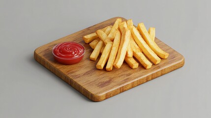 Rustic Wooden Platter with Golden Fries and Ketchup