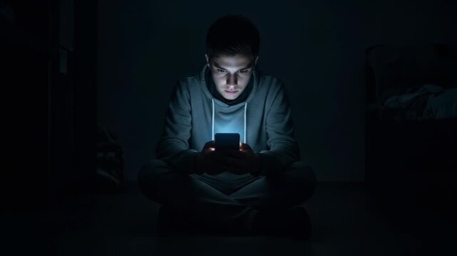 Teenager sitting in the dark looking at smartphone screen with glow, 4k video