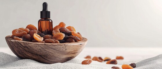 Rustic wooden bowl filled with tasty dried apricots on white background