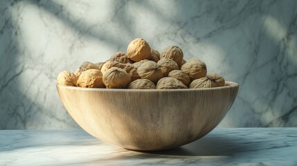 Fresh Walnuts in Wooden Bowl on Marble