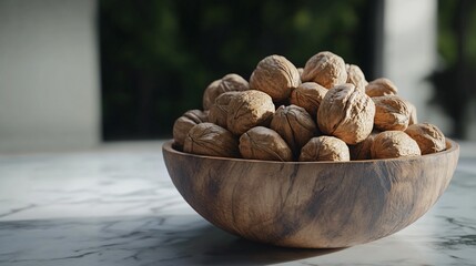 Natural Walnuts in Wooden Bowl on Marble