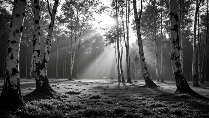 A black and white image of a birch forest. Sunbeams filter through the trees, illuminating a distant clearing. The scene evokes a sense of quiet solitude and resilience.