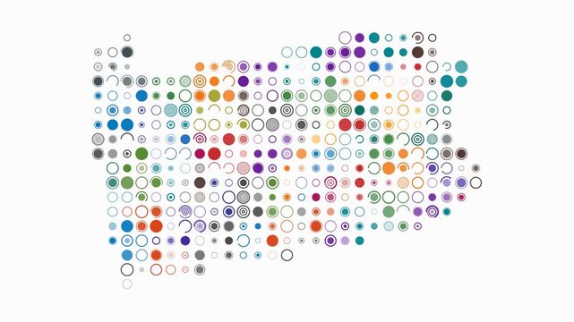 Pennsylvania animated shape. Pulsating colored dots on the map of the state. Large size circle blocks. Digital style Pennsylvania map on white background. Creative animation video.