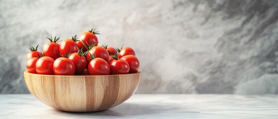 Fresh Cherry Tomatoes in Wooden Bowl on Marble