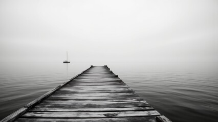 Obraz premium A weathered pier stretches into a misty ocean. A single sailboat is distant. Black and white tones emphasize a sense of solitude and vastness. Subtle light catches the pier's surface.