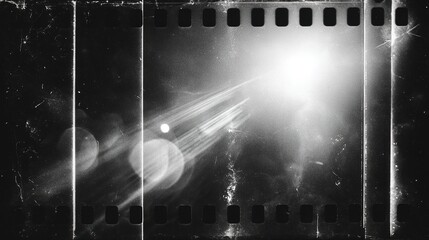 Black and white vintage 35mm film strip with bright light beam, light leak effect and strong lens flare, old film texture, noise, scratches, grain and perforation, ideal