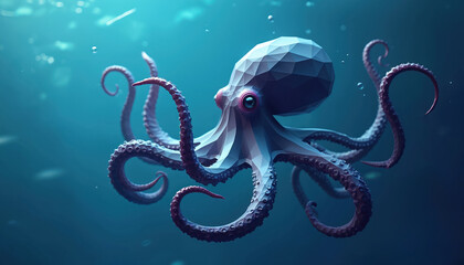 Lowpoly octopus swims in deep blue ocean water. Polygonal sea creature moves underwater with eight tentacles. Marine life in geometric style.