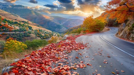 Winding mountain road blanketed in autumn leaves with a vibrant sunset over peaks