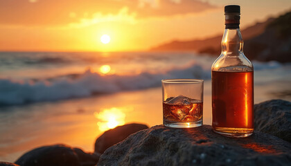 Glass of whiskey with ice and bottle sit on dark rocks by the ocean. Sun sets over the sea creating golden light. Peaceful seaside relaxation with amber spirit.