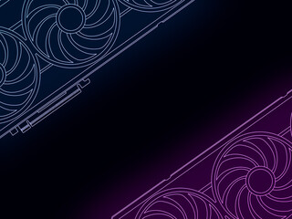 Two neon computer graphics cards gpu with three fans on a dark background with a blue to pink gradient, symbolizing high performance computing, gaming, and technology. Graphics card illustration
