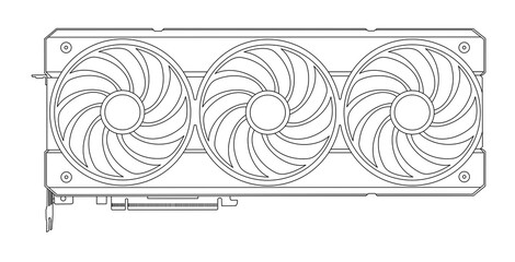 outline illustration of a GPU computer graphics card with three cooling fans. A video card for a modern gaming PC, a component for building or upgrading a computer.