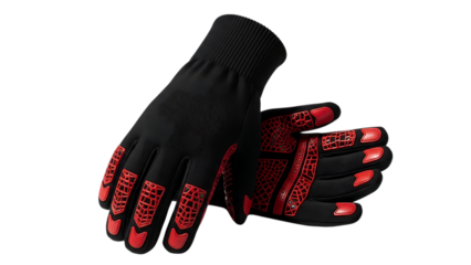 Red and black protective work gloves with reinforced rubber grip patterns, cutout, PNG isolated on white or transparent background