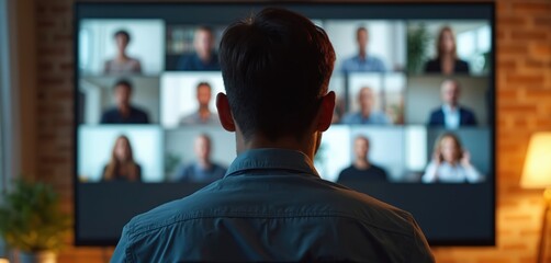 Man attends online meeting on large screen display. Multiple participants visible on video call. Modern workspace with brick wall and plant. Man interacts with remote colleagues on virtual platform.