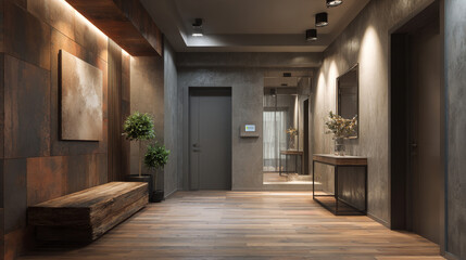 Obraz premium “A modern loft-style entrance hallway in soft brown and gray tones, featuring a sleek video intercom on the wall and a decorative plant on the console, blending natural materials 