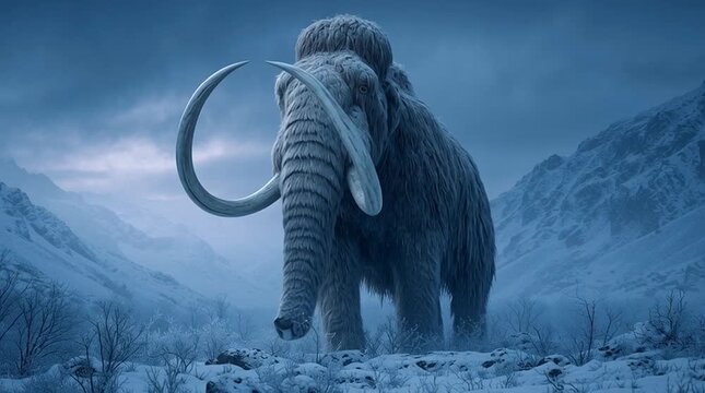 Majestic woolly mammoth walking through a vast, frozen valley during the Ice Age. Prehistoric mammal surviving in a cold, snowy environment