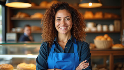 Baker woman with blue apron smiles confidently inside shop. Curly hair female owner stands arms crossed near display with baked goods. Warm atmosphere, soft interior lighting.