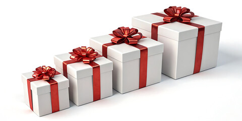 Obraz premium White Gift Boxes with Red Ribbons – Holiday Present Packaging Isolated on White