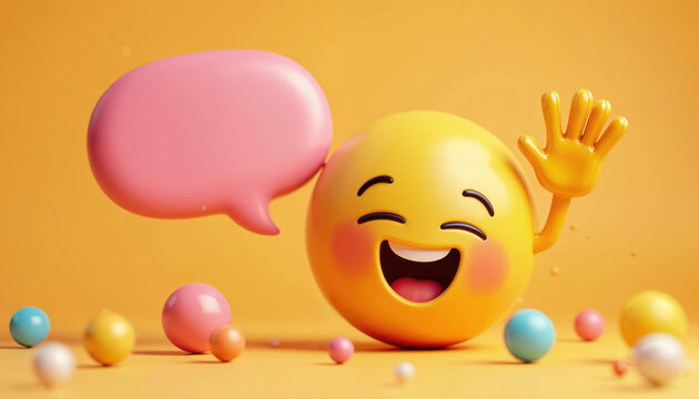 Yellow face with open mouth waves hand near pink speech bubble. Round objects scattered on yellow background. Cheerful emoji expressing happiness and communication. Digital art.