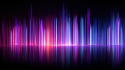 Dynamic background with a digital equalizer or sound wave pulsating, featuring vertical light lines,  in vibrant shades of magenta, blue, and pink on a black background