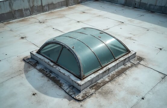 Skylight window on flat roof seen from above. Dome shaped roof window with glass panels in dirty concrete roof. Light comes through glass daylight roof illumination. Industrial building rooftop with