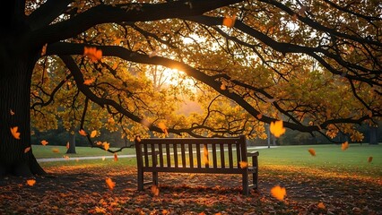 Golden Autumn Park Bench at Sunset with Falling Leaves &ndash; Peaceful Nature Scene.