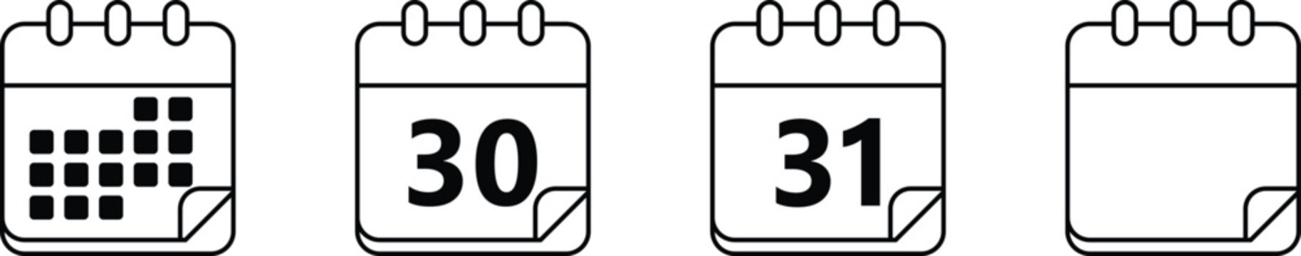Four black and white calendar icons showing dates 30 and 31 number vector