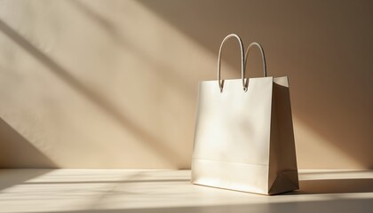 White shopping bag with handles rests on pale surface. Soft light casts diagonal shadows on wall and floor. Minimalist studio shot suggests premium retail brand identity. Use for e commerce.