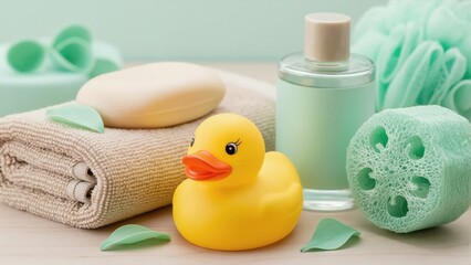 Yellow rubber duck with baby bath accessories for bathtime. Spa and hygiene products including soap, towel, and loofah for skincare