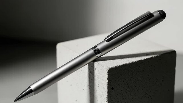 Luxury silver pen on concrete block with modern design and sleek appearance, 4k video