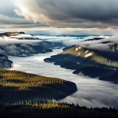 Sunlit Forested Peaks and Fog-Filled Valleys in Saguenay Fjord