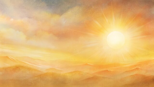Shining desert landscape golden beige orange tones hot sun sky rays light illuminating sand dunes watercolor texture background