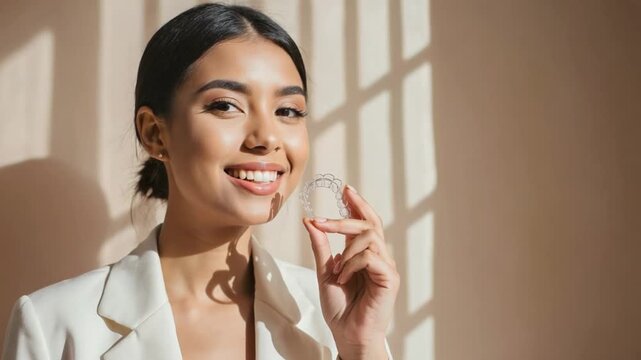 Woman with dental aligner on light background.